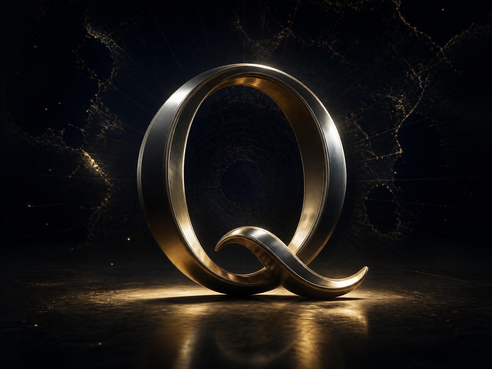 Biểu tượng Q kim loại của Quantrex trong không gian bảo tàng số